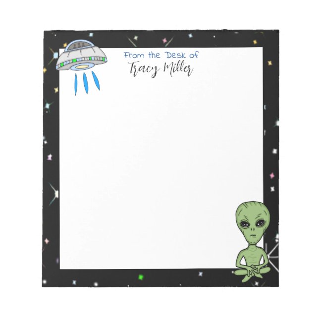 Personalized UFO and Alien on Starry Night Notepad (Front)