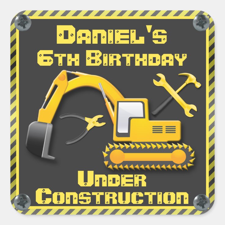 Personalized Under Construction Birthday Party Square Sticker Zazzle