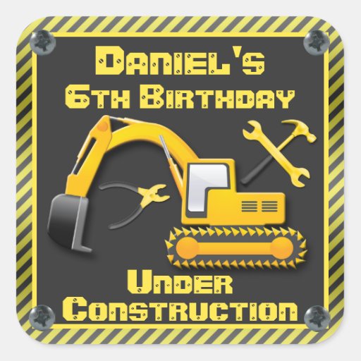 Personalized Under Construction Birthday Party Square Sticker | Zazzle