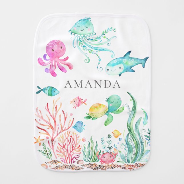 Personalized Under the Sea Baby Baby Burp Cloth (Front)