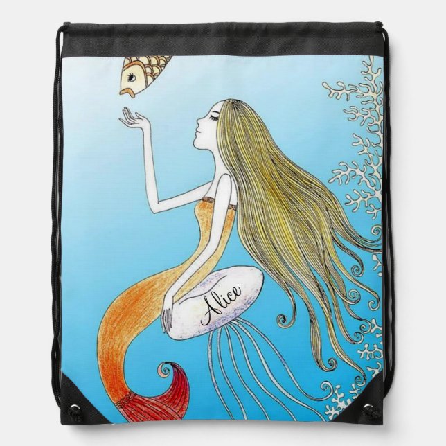 Personalized under the sea beautiful mermaid drawstring bag (Front)