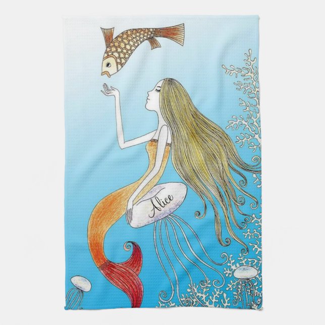 Personalized under the sea beautiful mermaid kitchen towel (Vertical)