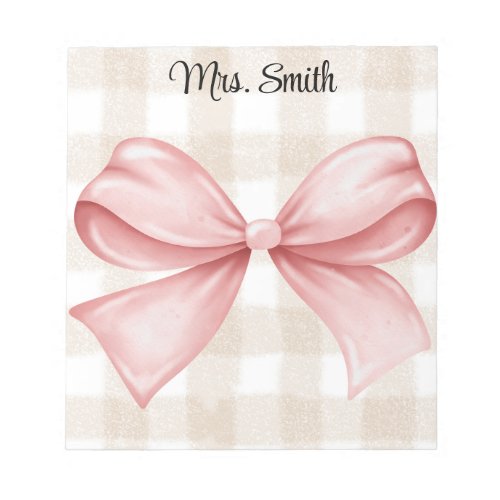 Personalized understated gingham with coquette bow notepad