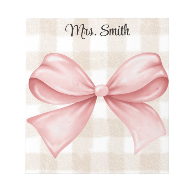 Personalized understated gingham with coquette bow notepad (Front)
