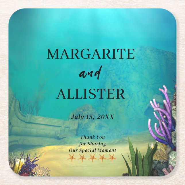 Personalized Underwater Ocean Scene Square Paper Coaster (Front)