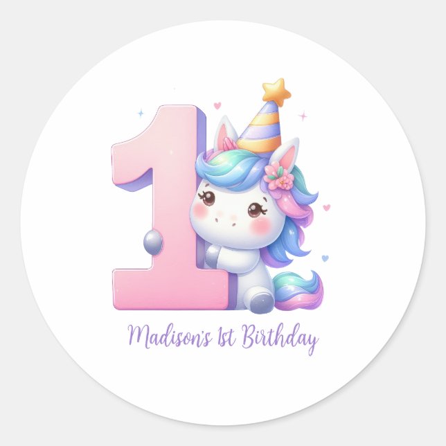 Personalized Unicorn 1st First Girls Birthday  Classic Round Sticker (Front)