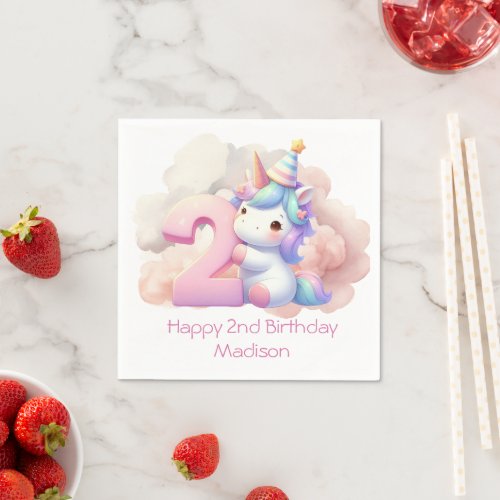 Personalized Unicorn 2nd Second Girls Birthday  Napkins