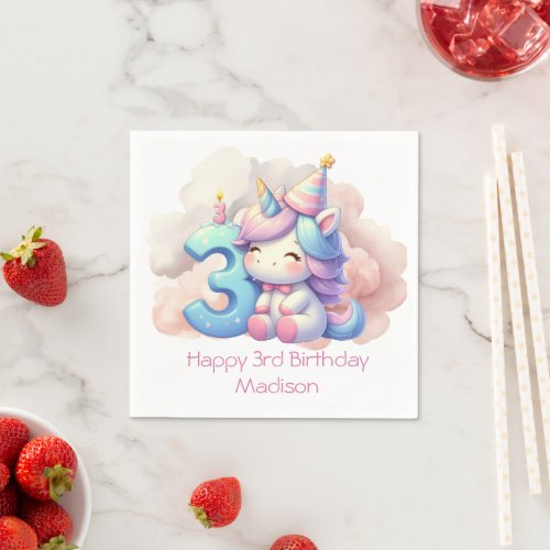 Personalized Unicorn 3rd Third Girls Birthday  Napkins