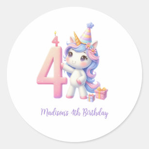 Personalized Unicorn 4th Fourth Girls Birthday  Classic Round Sticker