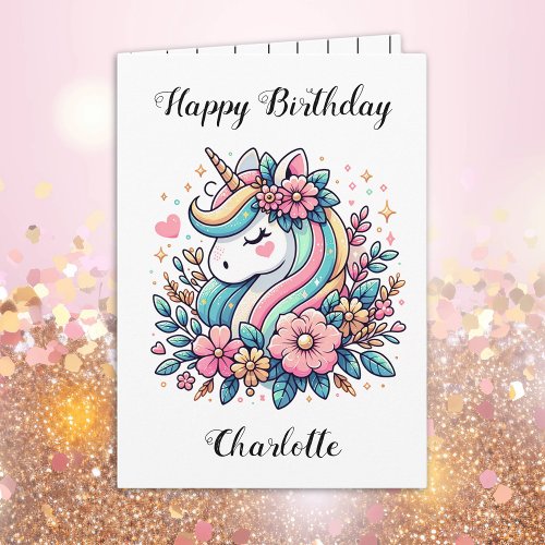 Personalized Unicorn and Flowers Girls Birthday Card