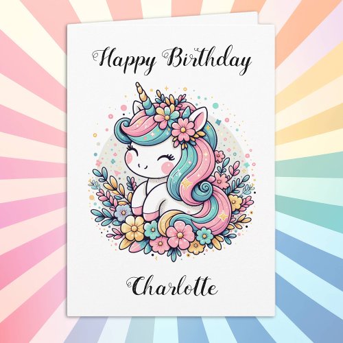 Personalized Unicorn and Flowers Girls Birthday Card