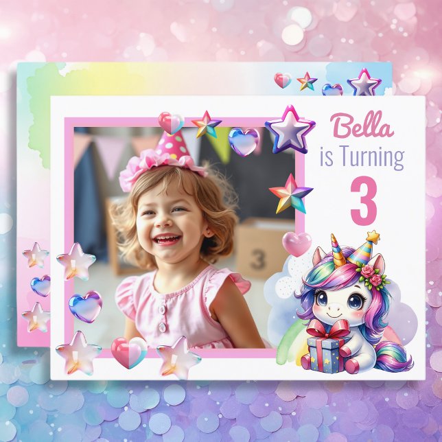 Personalized Unicorn and Photo Girl's Birthday Postcard (Creator Uploaded)