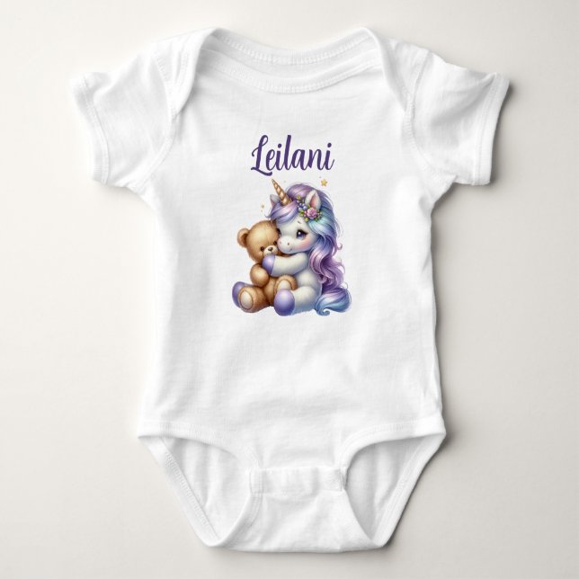 Personalized Unicorn and Teddy Bear Baby Bodysuit  (Front)