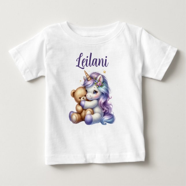 Personalized Unicorn and Teddy Bear Baby T-shirt (Front)