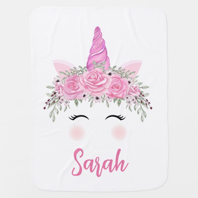 Personalized Unicorn Baby Blanket  With Pink Name (Front)