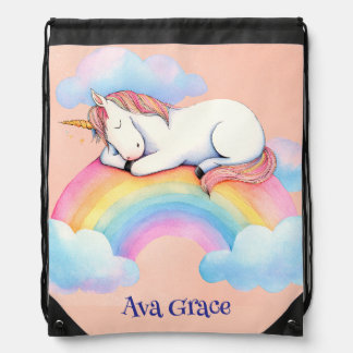 Personalized Unicorn Bag, Rainbow Watercolors, Drawstring Bag
