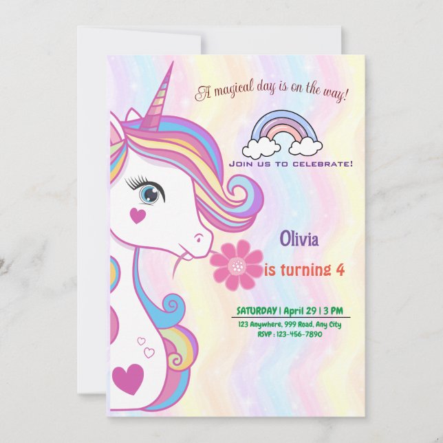 Personalized Unicorn Birthday Invitation Cards (Front)