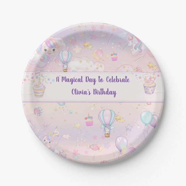 Personalized Unicorn Birthday  Paper Plates (Front)