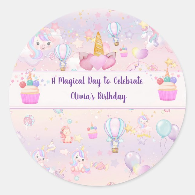 Personalized Unicorn Birthday Party Stickers  (Front)