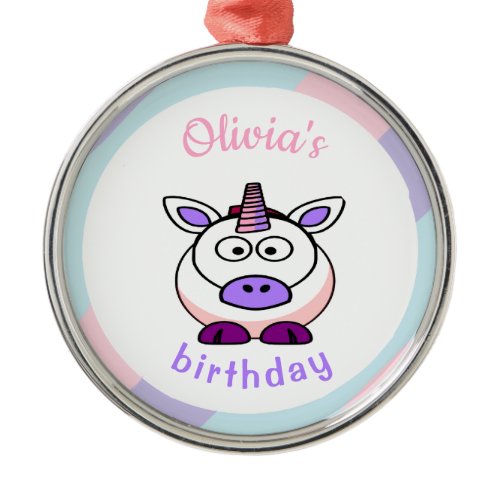 Personalized unicorn birthday pastel colorful metal ornament