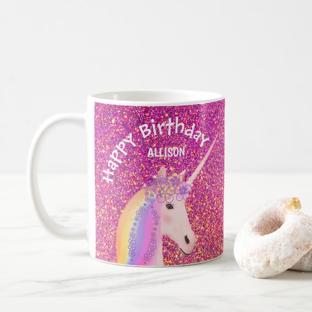 Personalized Unicorn Birthday Pink Glitter Coffee Mug (With Donut)