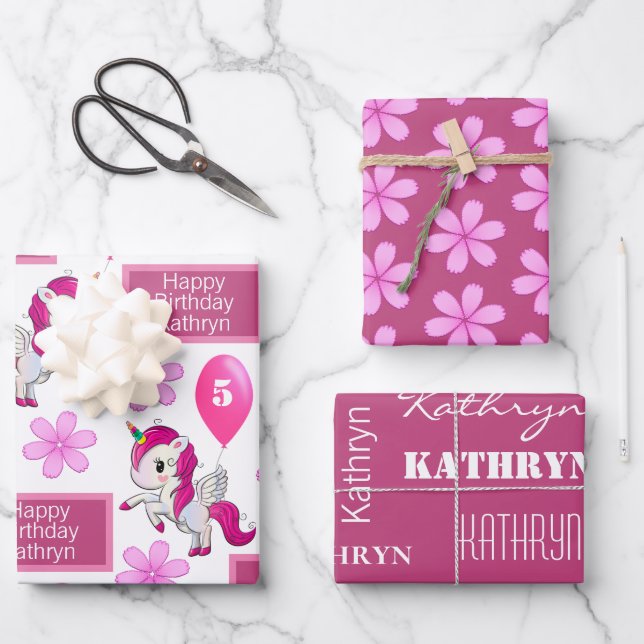 Personalized Unicorn Birthday Wrapping Paper Sheets (Front)