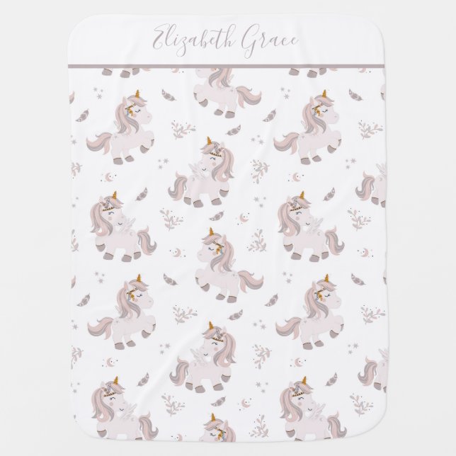 Personalized Unicorn Boho Feathers Trendy  Baby Blanket (Front)