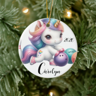 Personalized Unicorn Bowling Ceramic Ornament