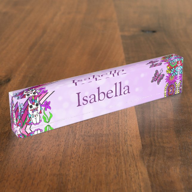 Personalized Unicorn, Butterfly and Flowers Desk Name Plate (Side)