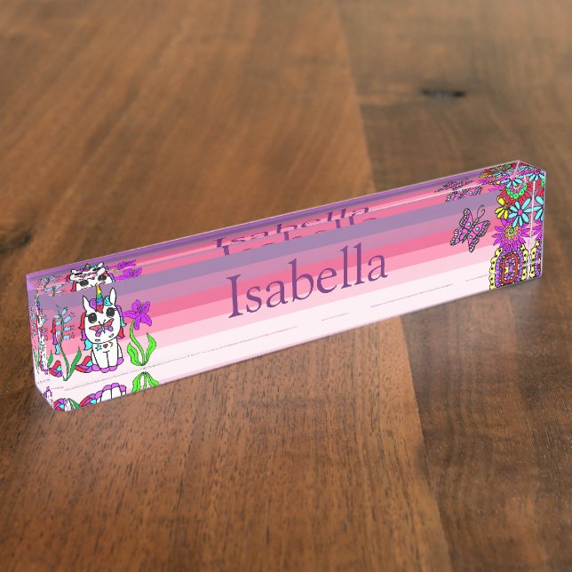 Personalized Unicorn, Butterfly and Flowers Desk Name Plate (Side)