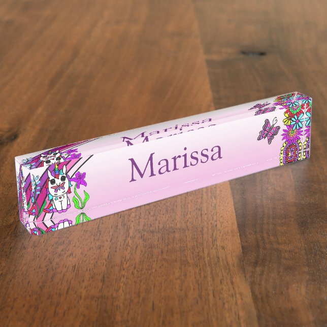 Personalized Unicorn, Butterfly and Flowers Desk Name Plate (Side)