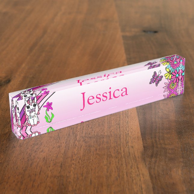 Personalized Unicorn, Butterfly and Flowers Desk Name Plate (Side)