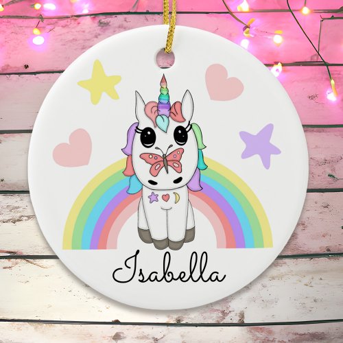 Personalized Unicorn Butterfly and Rainbow Ceramic Ornament