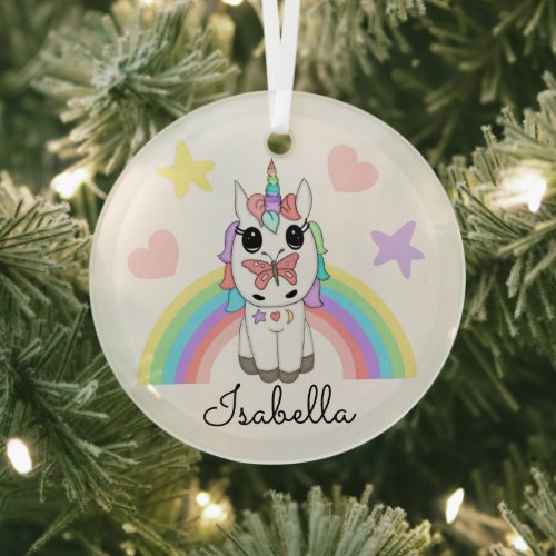 Personalized Unicorn Butterfly and Rainbow Glass Ornament