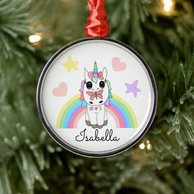 Personalized Unicorn, Butterfly and Rainbow  Metal Ornament (Tree)