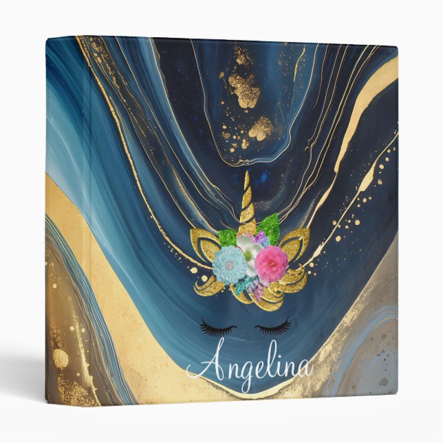 Personalized Unicorn Face Glitter Marble Album 3 Ring Binder (Front/Spine)