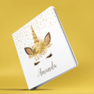 Personalized Unicorn Face Gold Glitter 3 Ring Binder