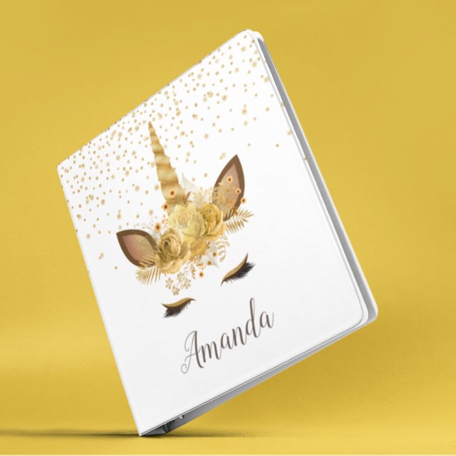 Personalized Unicorn Face Gold Glitter 3 Ring Binder (Creator Uploaded)
