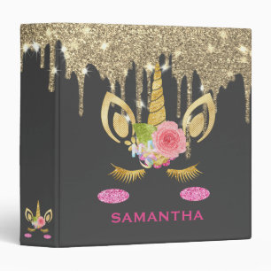 Personalized Unicorn Face Gold Glitter Photo Album 3 Ring Binder