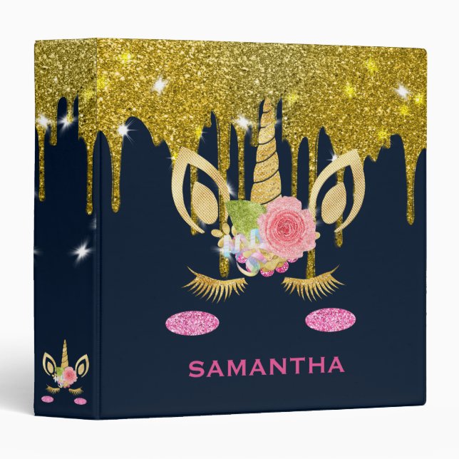 Personalized Unicorn Face Gold Glitter Photo Album 3 Ring Binder (Front/Spine)