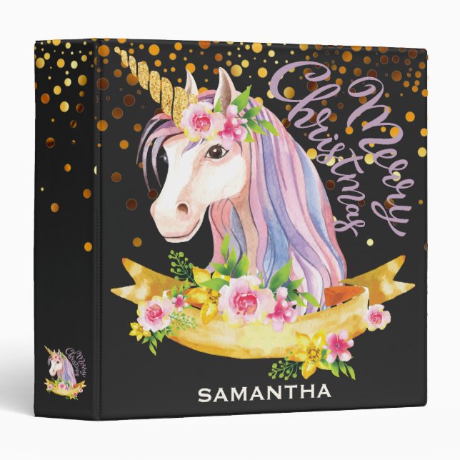 Personalized Unicorn Face Gold Glitter Photo Album 3 Ring Binder (Front/Spine)