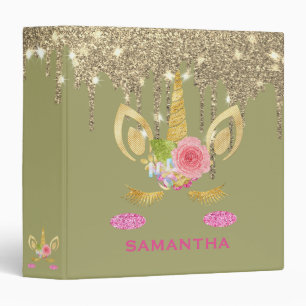 Personalized Unicorn Face Gold Glitter Photo Album 3 Ring Binder