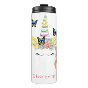 Personalized Unicorn Face Pastel and Gold Glitter Thermal Tumbler