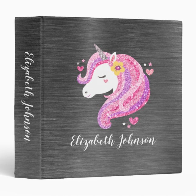 Personalized Unicorn Face pink Glitter 3 Ring Binder (Front/Spine)