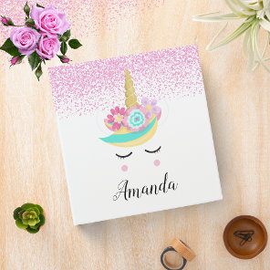 Personalized Unicorn Face Pink Glitter Photo Album 3 Ring Binder