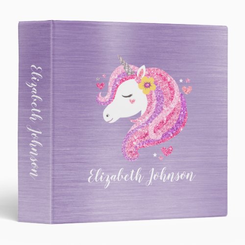 Personalized Unicorn Face purple pink Glitter 3 Ring Binder