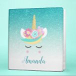 Personalized Unicorn Face teal Glitter 3 Ring Binder<br><div class="desc">This design was created though digital art. It may be personalized in the area provide or customizing by choosing the click to customize further option and changing the name, initials or words. You may also change the text color and style or delete the text for an image only design. Contact...</div>