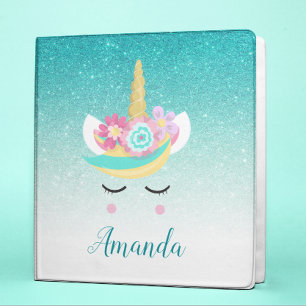Personalized Unicorn Face teal Glitter 3 Ring Binder
