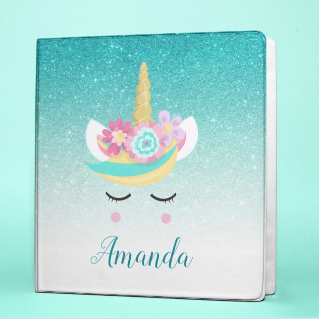 Personalized Unicorn Face teal Glitter 3 Ring Binder (Creator Uploaded)