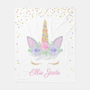 Personalized Unicorn Face Watercolor Sprinkles Fleece Blanket